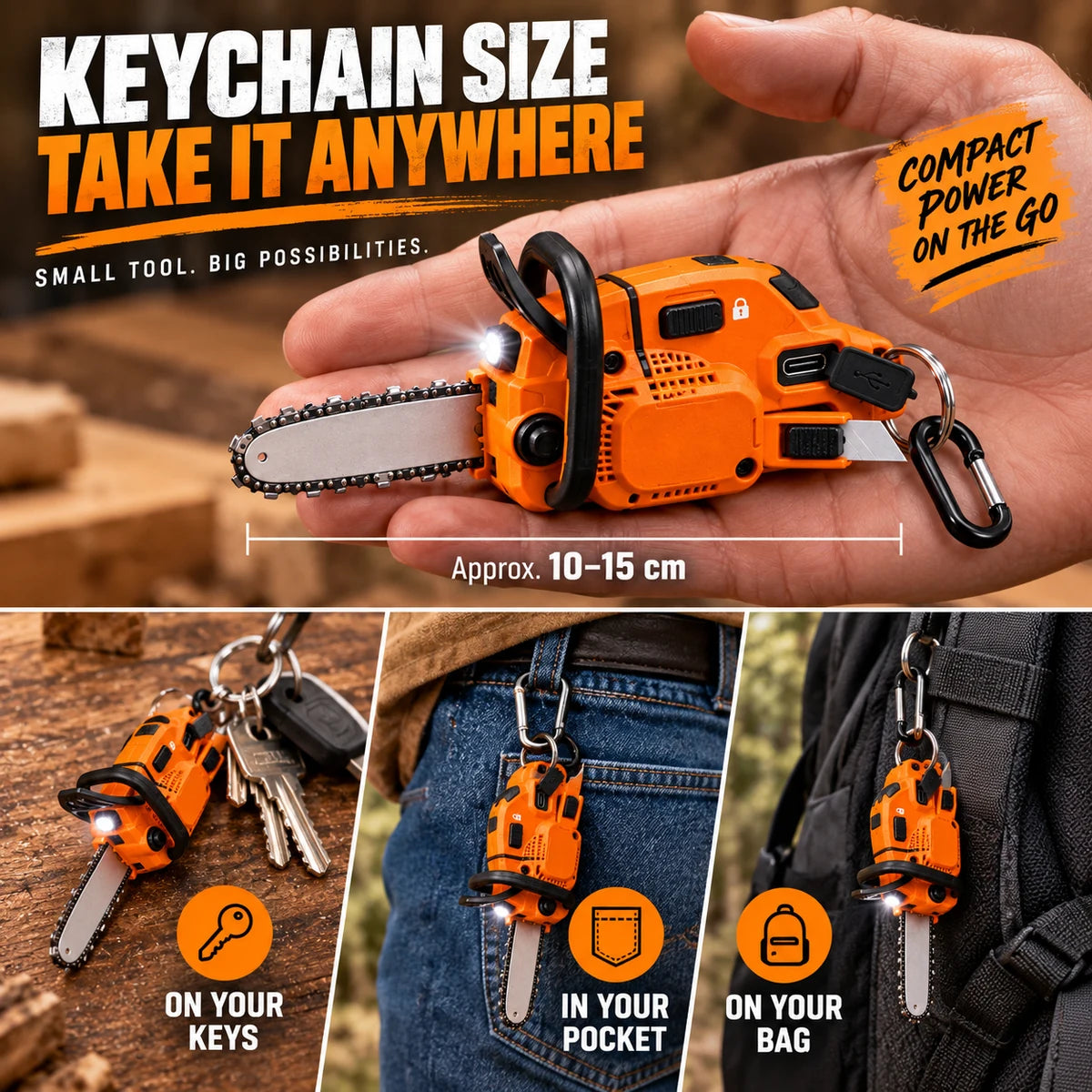 Compact keychain size tool shown in hand and clipped to keys, pocket, and bag