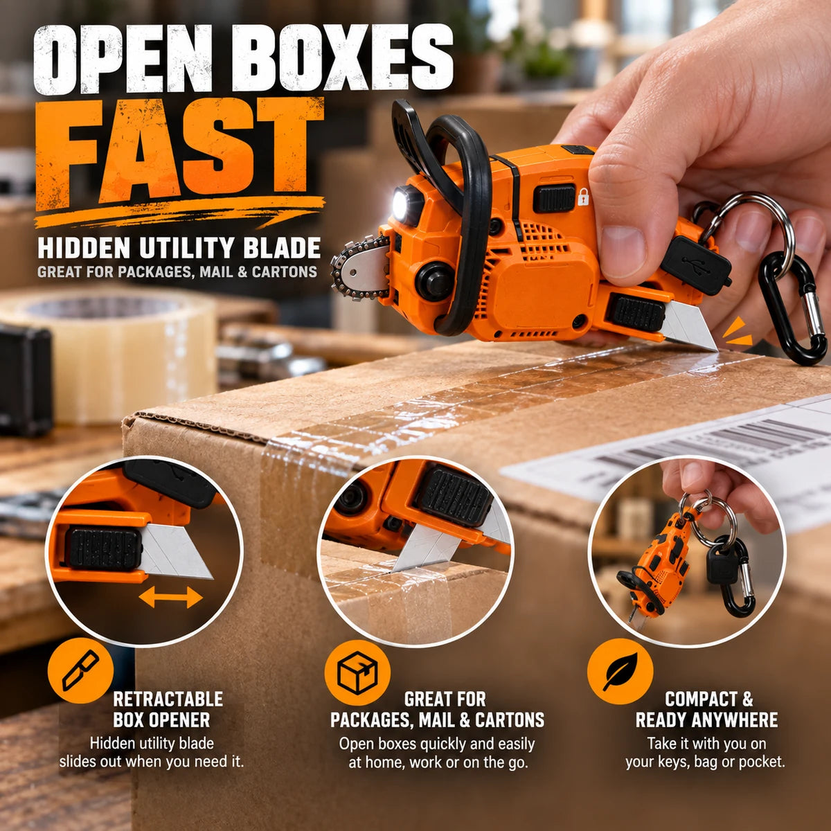 Utility tool opening a cardboard box with hidden retractable blade