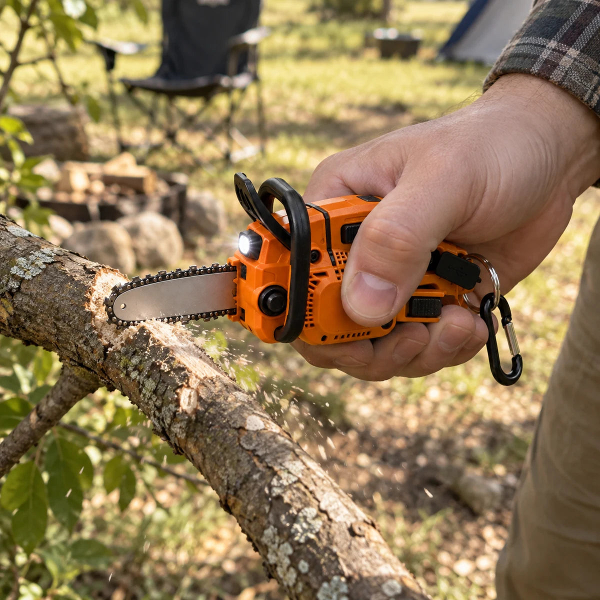 Customer-style outdoor use photo of the compact utility tool cutting a small branch