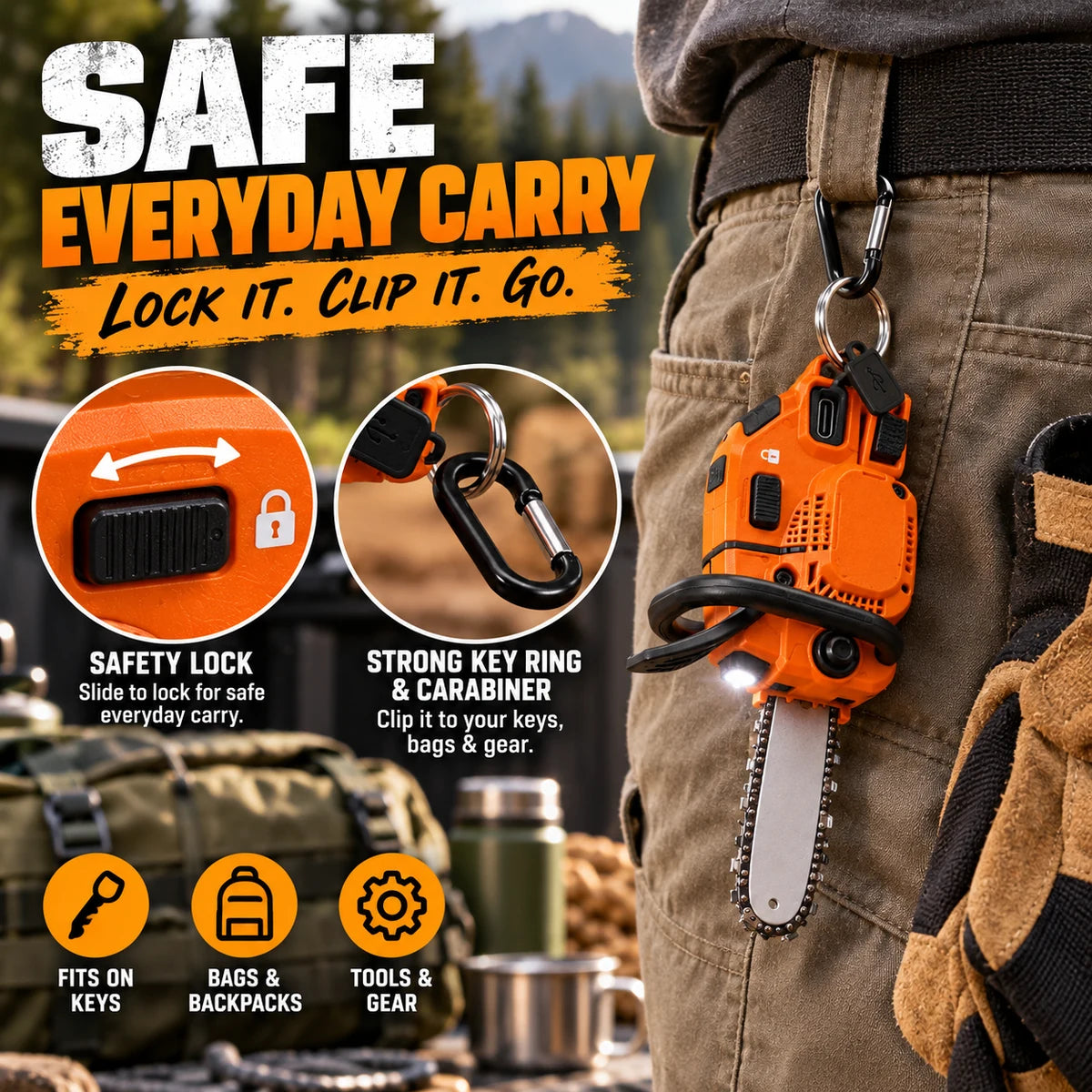 Utility tool clipped to pants with safety lock and carabiner shown