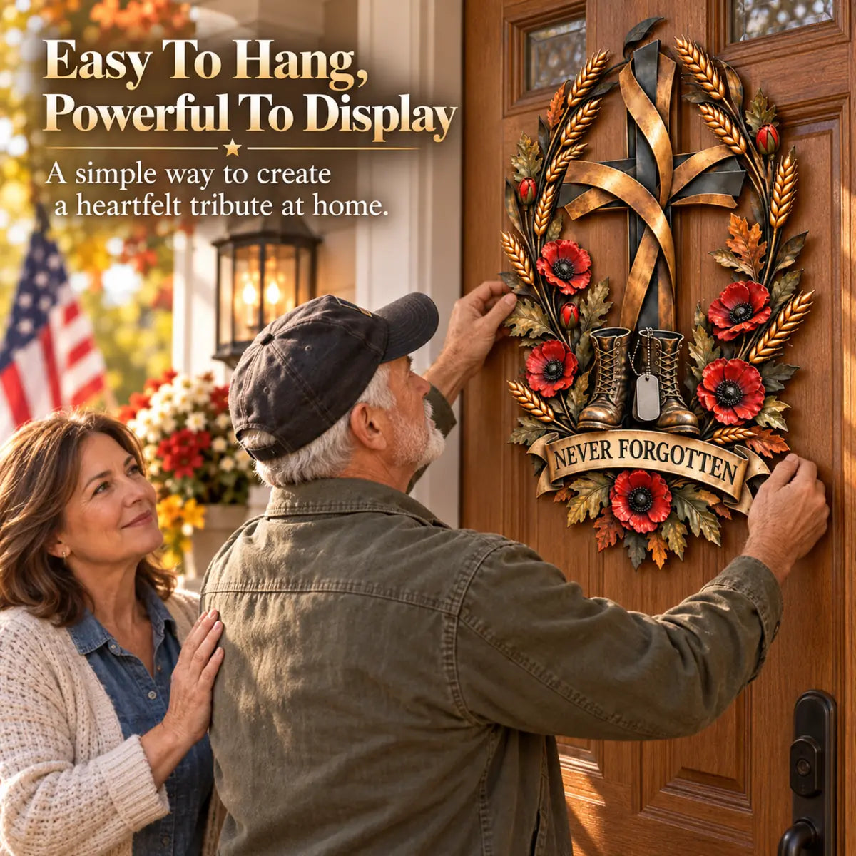 Family placing the Never Forgotten memorial decoration on a wooden door