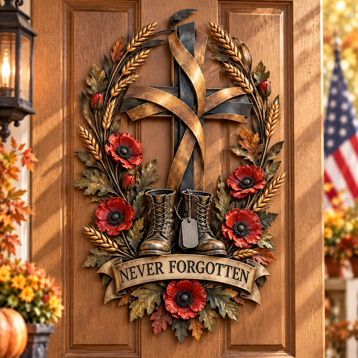 Close front-door display of the Never Forgotten memorial decoration