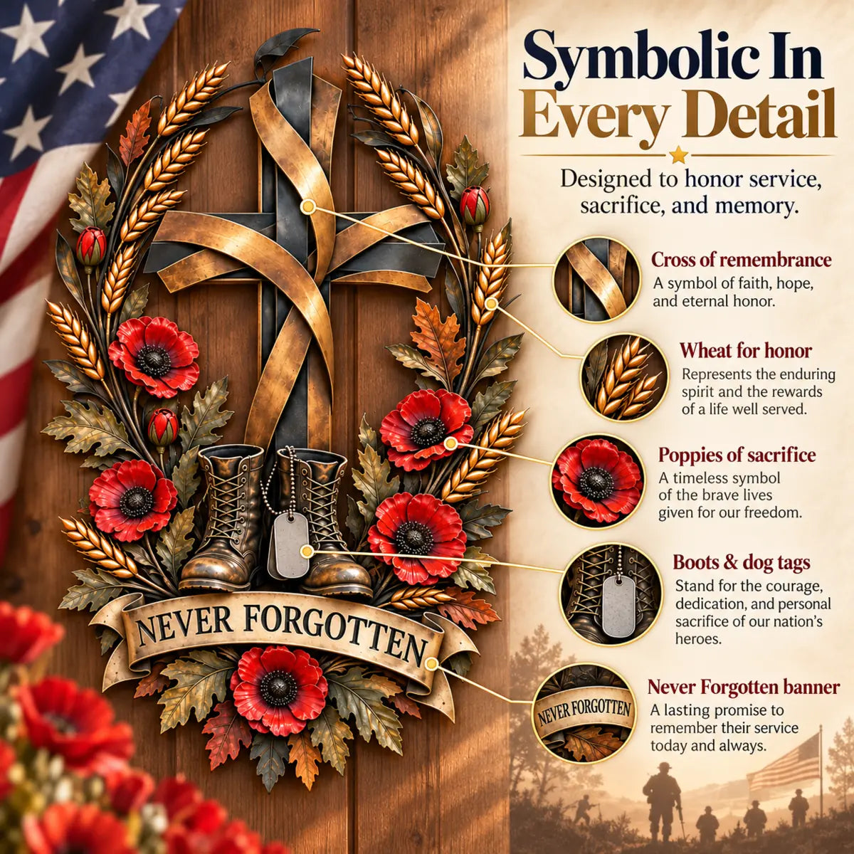 Close view explaining the symbolic elements of the memorial door decoration