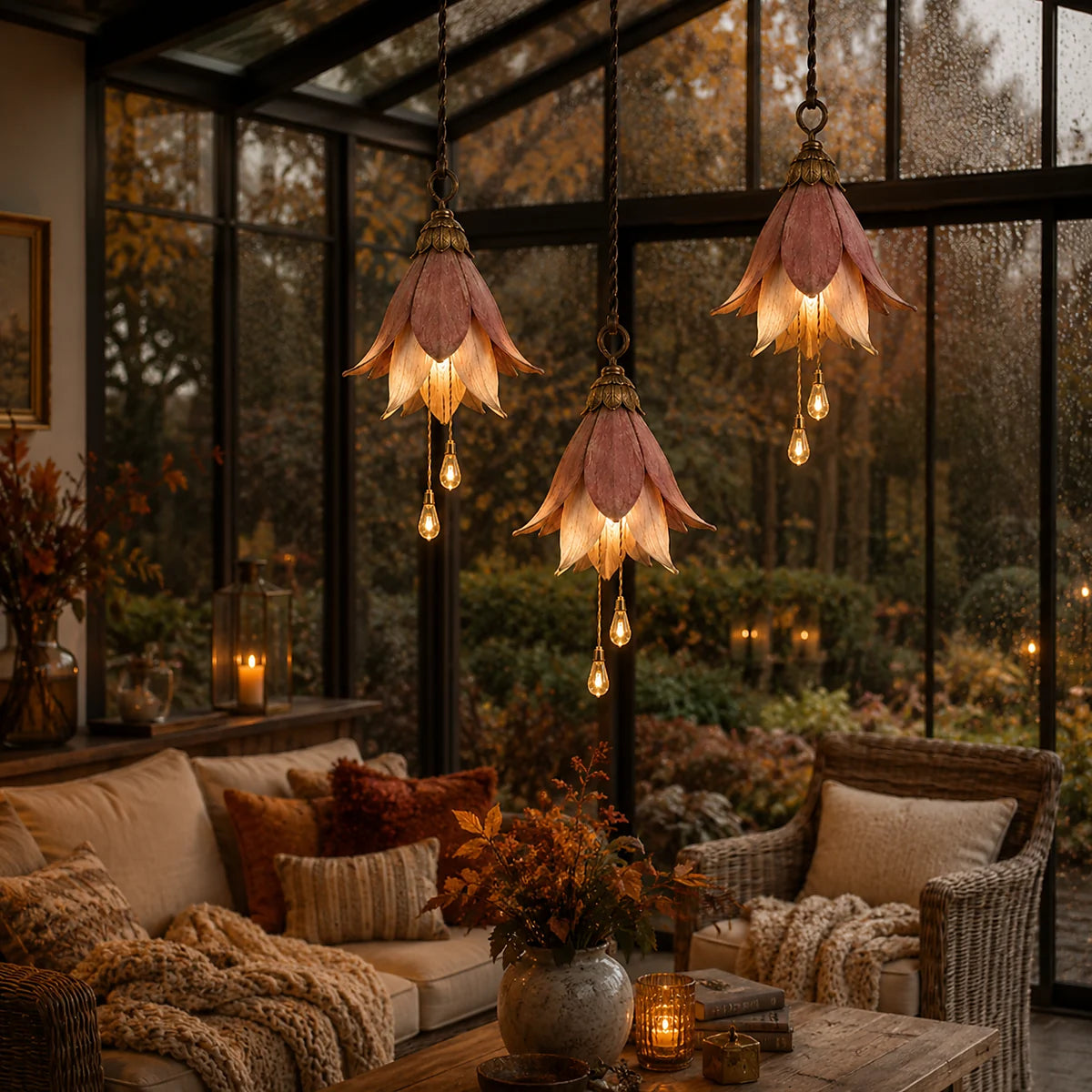 Vintage flower lights in a rain-washed sunroom