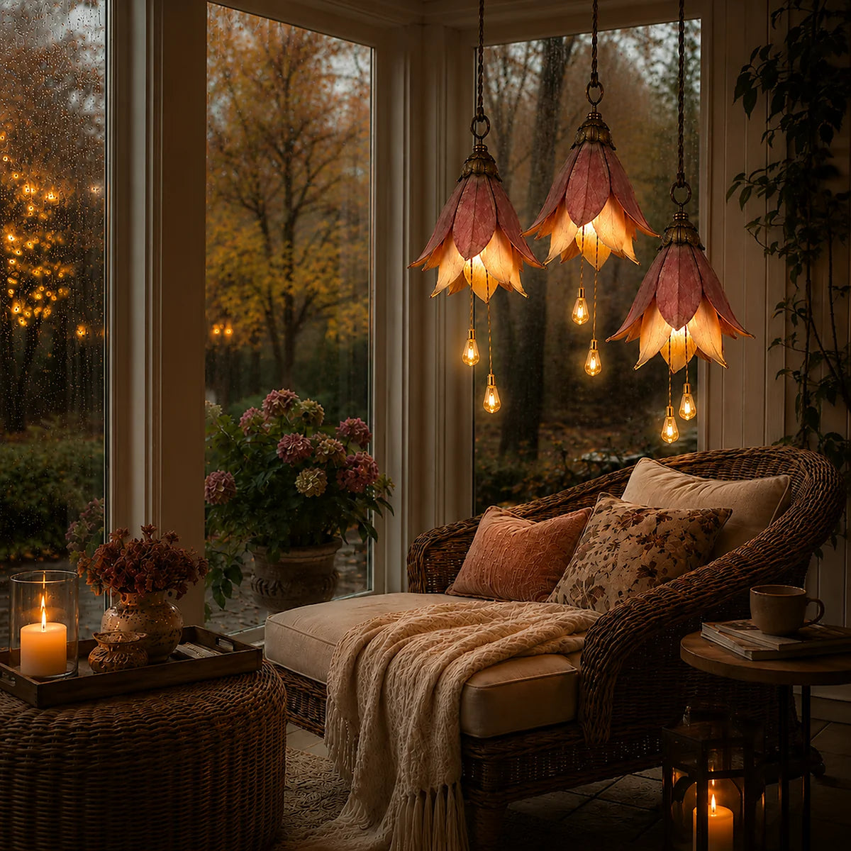 Three warm flower lights above a cozy reading area
