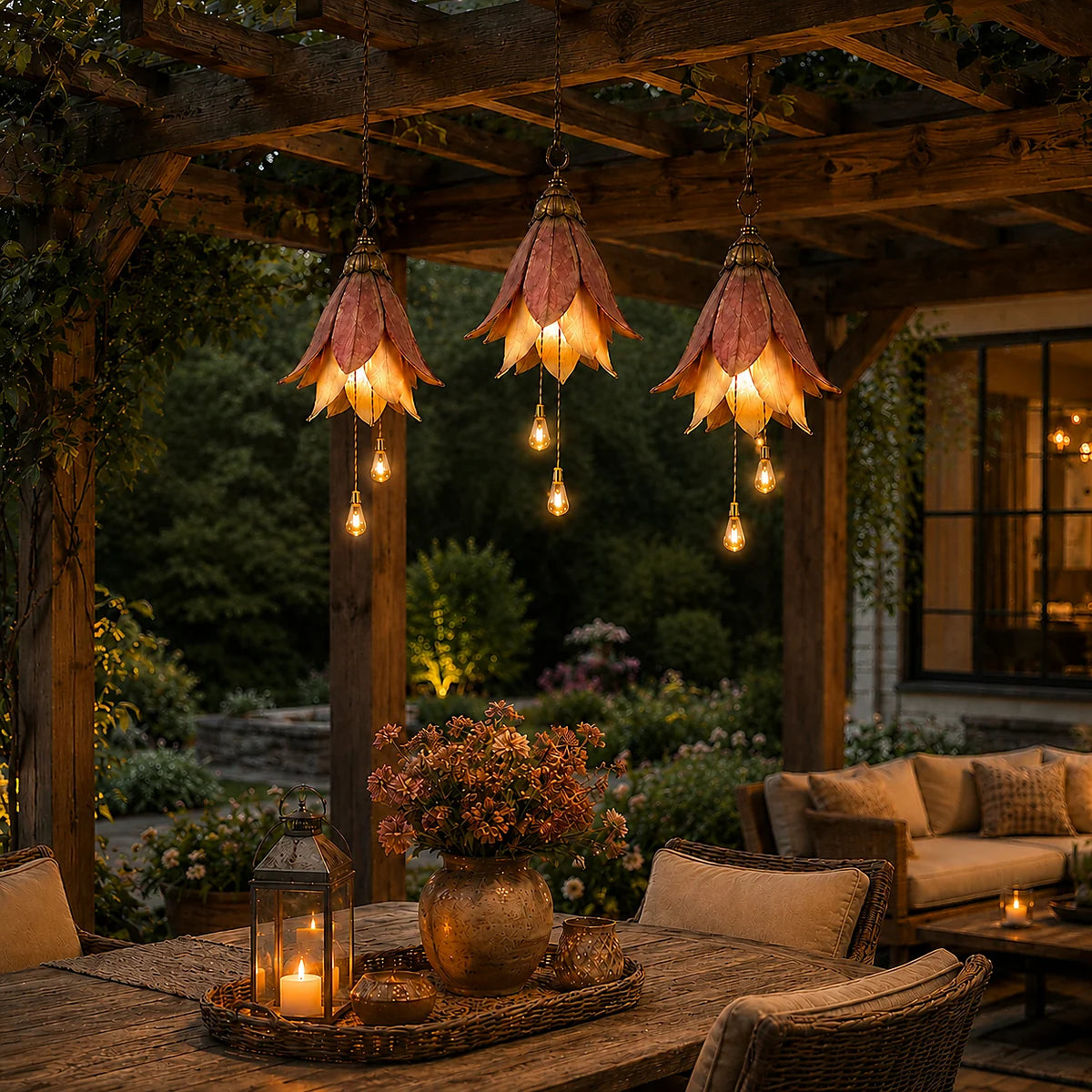 Vintage hanging flower lights over an outdoor pergola dining area
