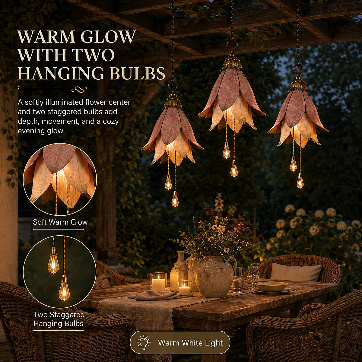 Warm flower center with two staggered hanging bulbs