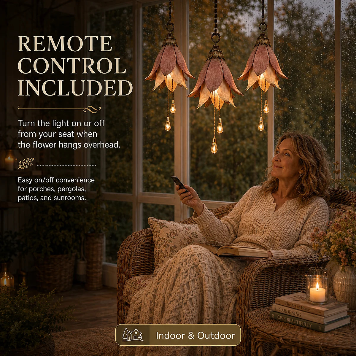 Woman using the included remote control for the hanging flower lights