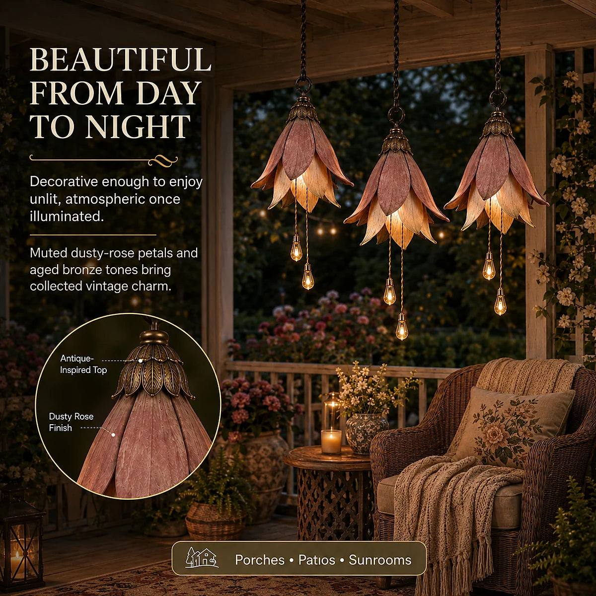 Vintage flower lights shown in a covered porch from day to night
