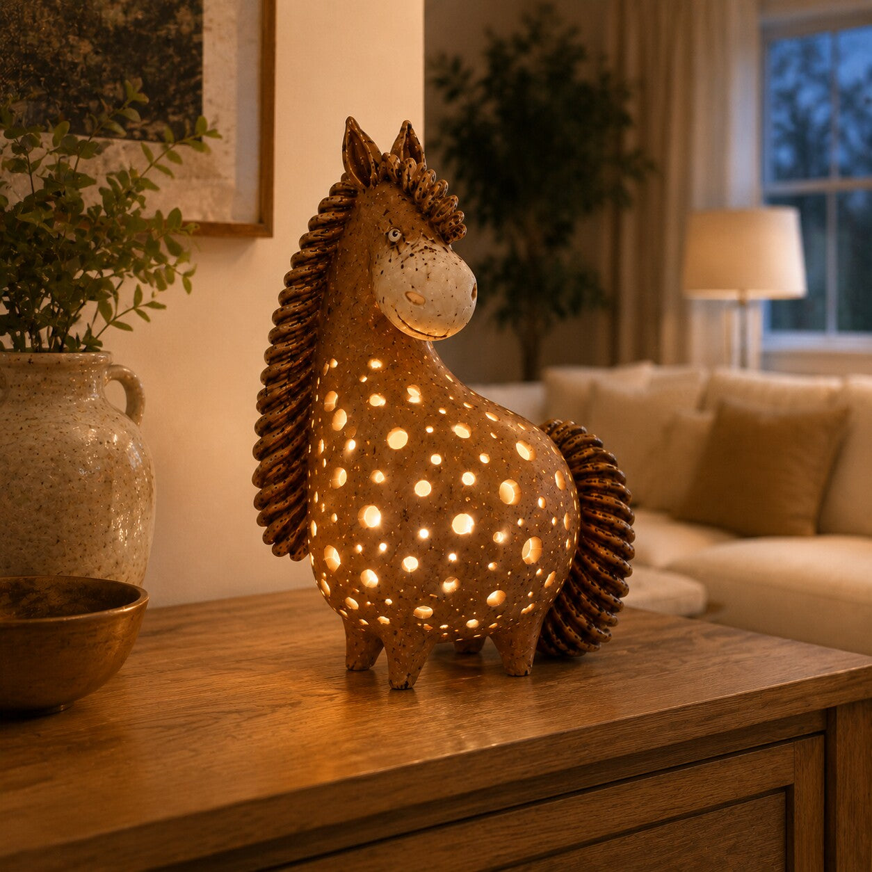 Vintage horse accent light glowing on a warm wood console