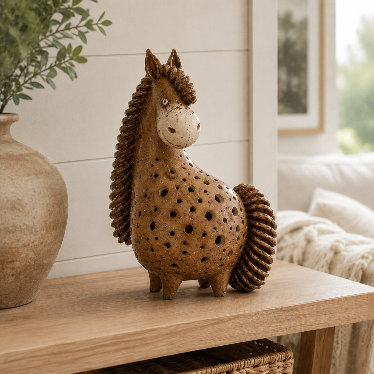 Vintage horse accent light displayed as a sculpture in daylight