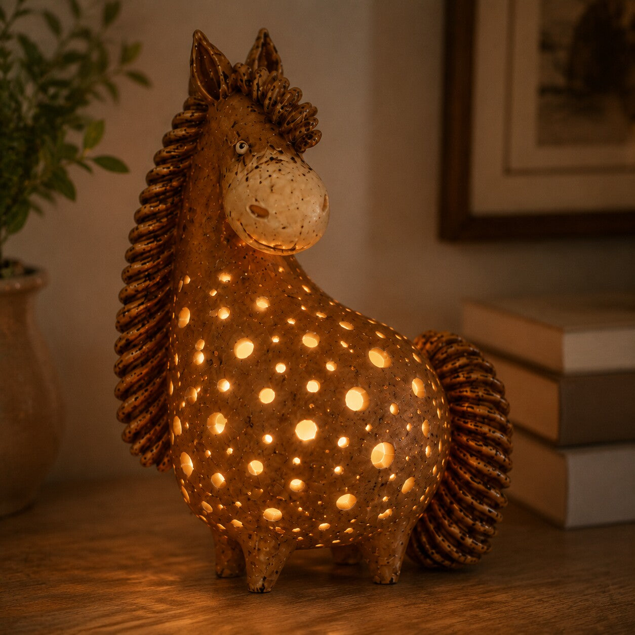 Close view of the horse accent light's glowing perforations and curled mane
