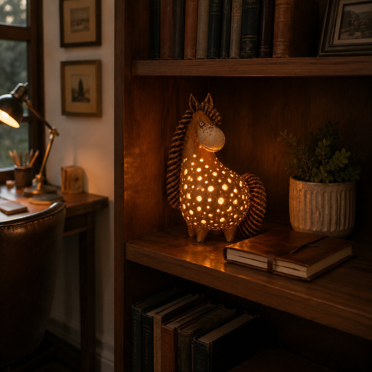 Glowing horse accent light styled on a walnut home office bookcase