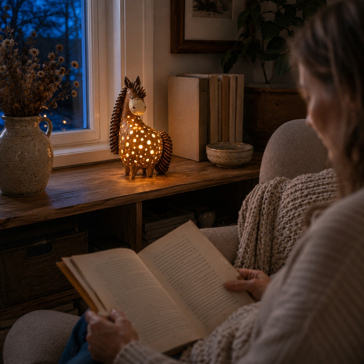 Customer enjoying the horse accent light in a reading corner