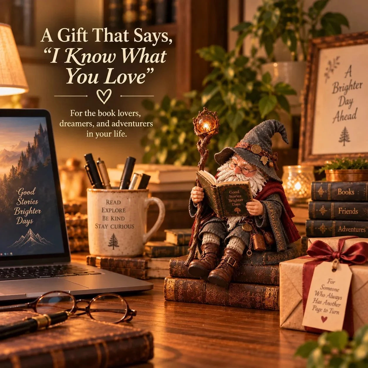 Gift idea for book lovers featuring the Wandering Scholar Gnome