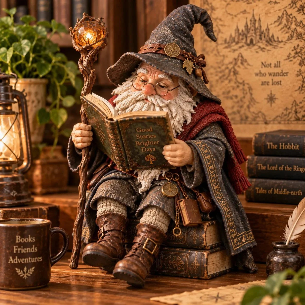 The Wandering Scholar Gnome reading wizard figurine in a cozy library setting