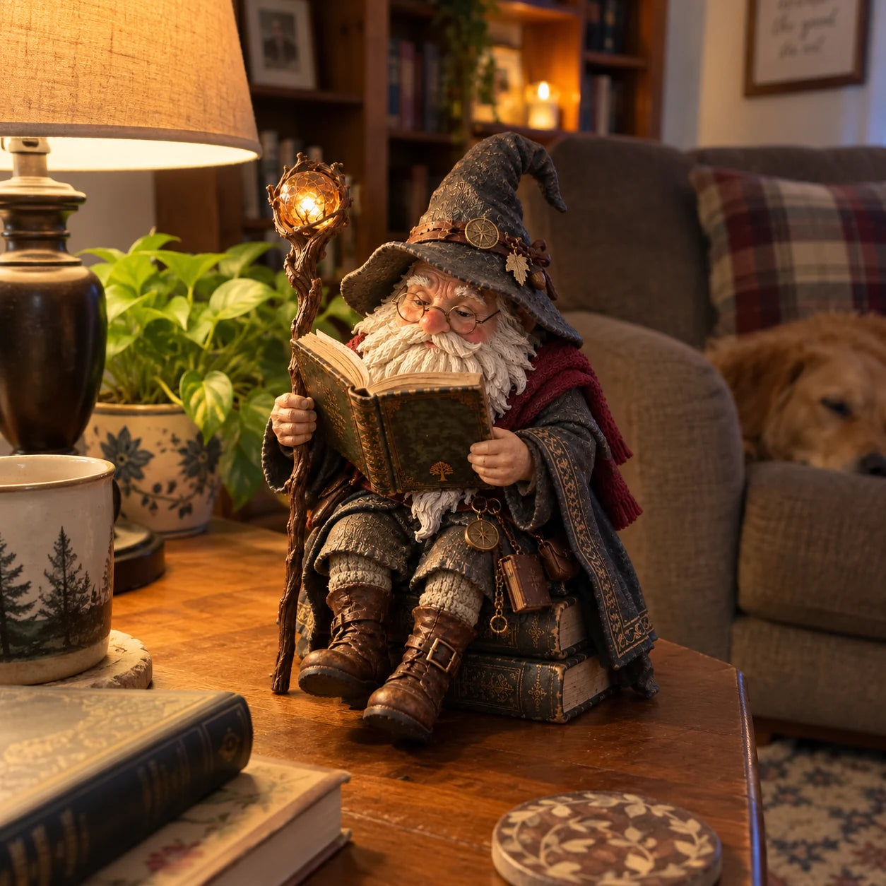Customer-style photo of the Wandering Scholar Gnome on a side table