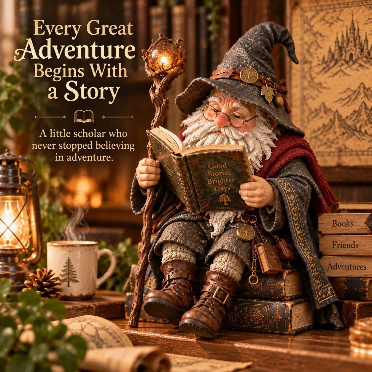 Detailed storybook styling of the Wandering Scholar Gnome