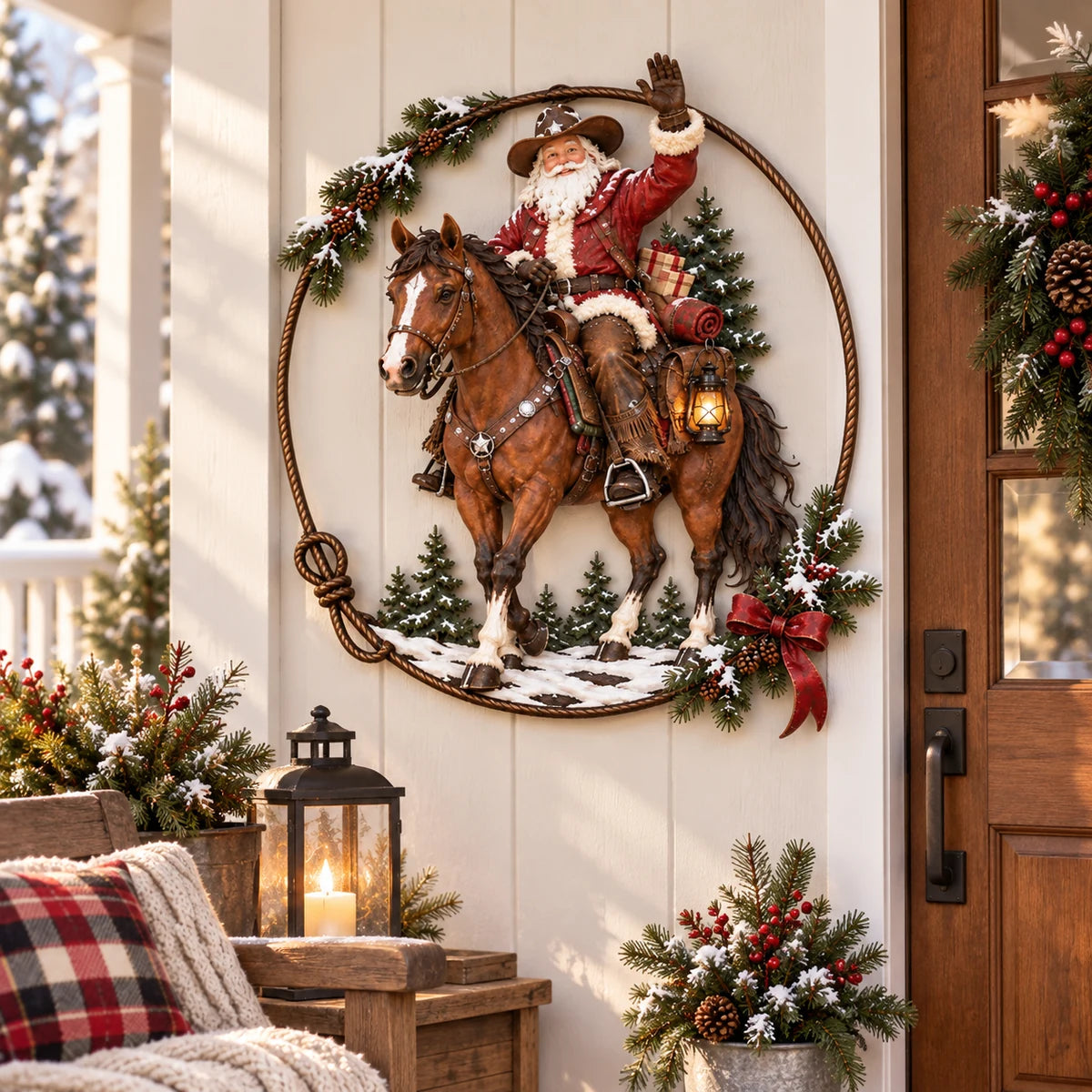 Western Cowboy Santa Christmas metal wall decor on a festive porch