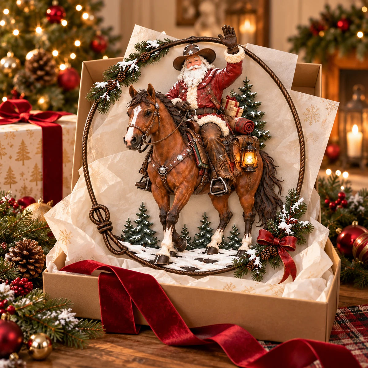 Western Cowboy Santa wall decor presented as a Christmas gift