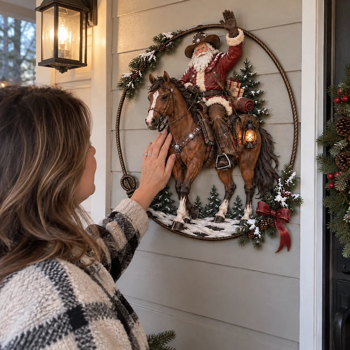 Customer touching Western Cowboy Santa wall decor on a porch