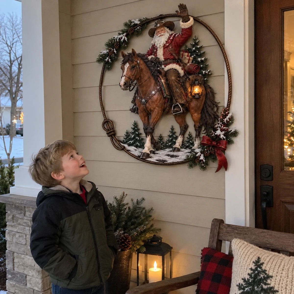 Child looking at Western Cowboy Santa Christmas wall decor