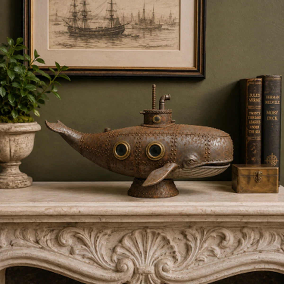 Whale sculpture styled on a mantel