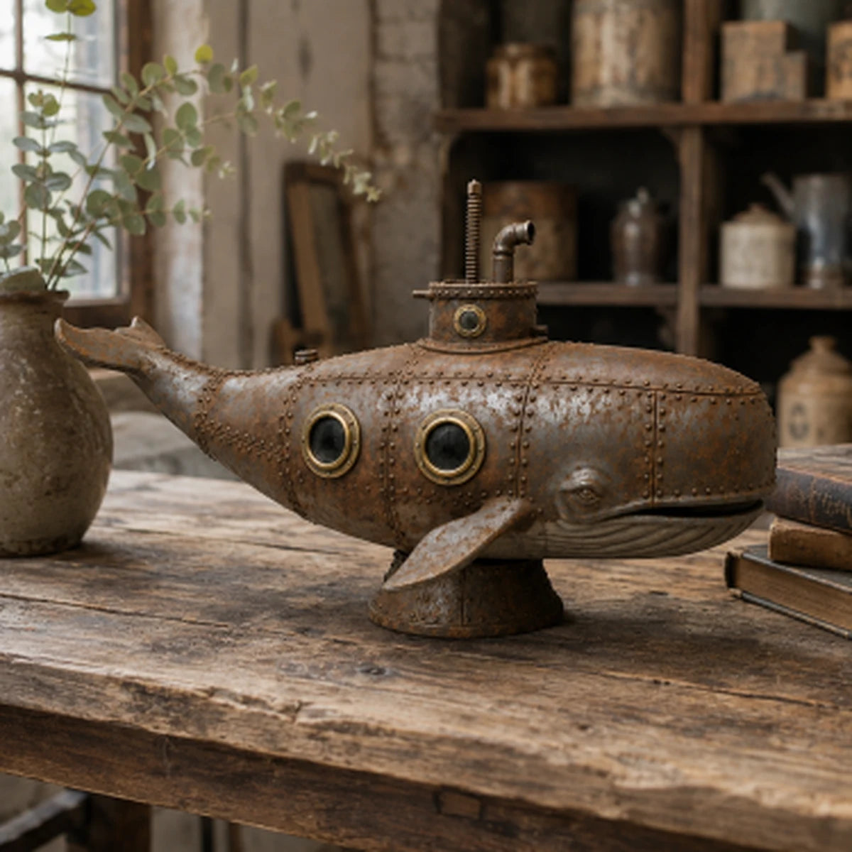 Vintage mechanical whale sculpture on a rustic wooden table