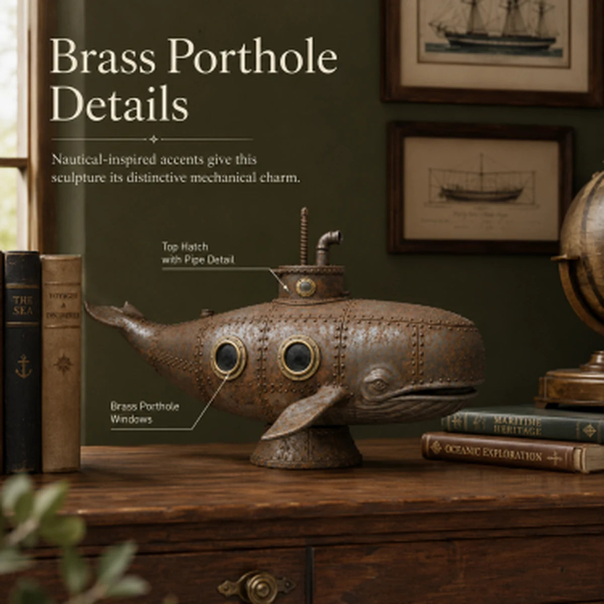 Whale sculpture detail board with brass porthole details