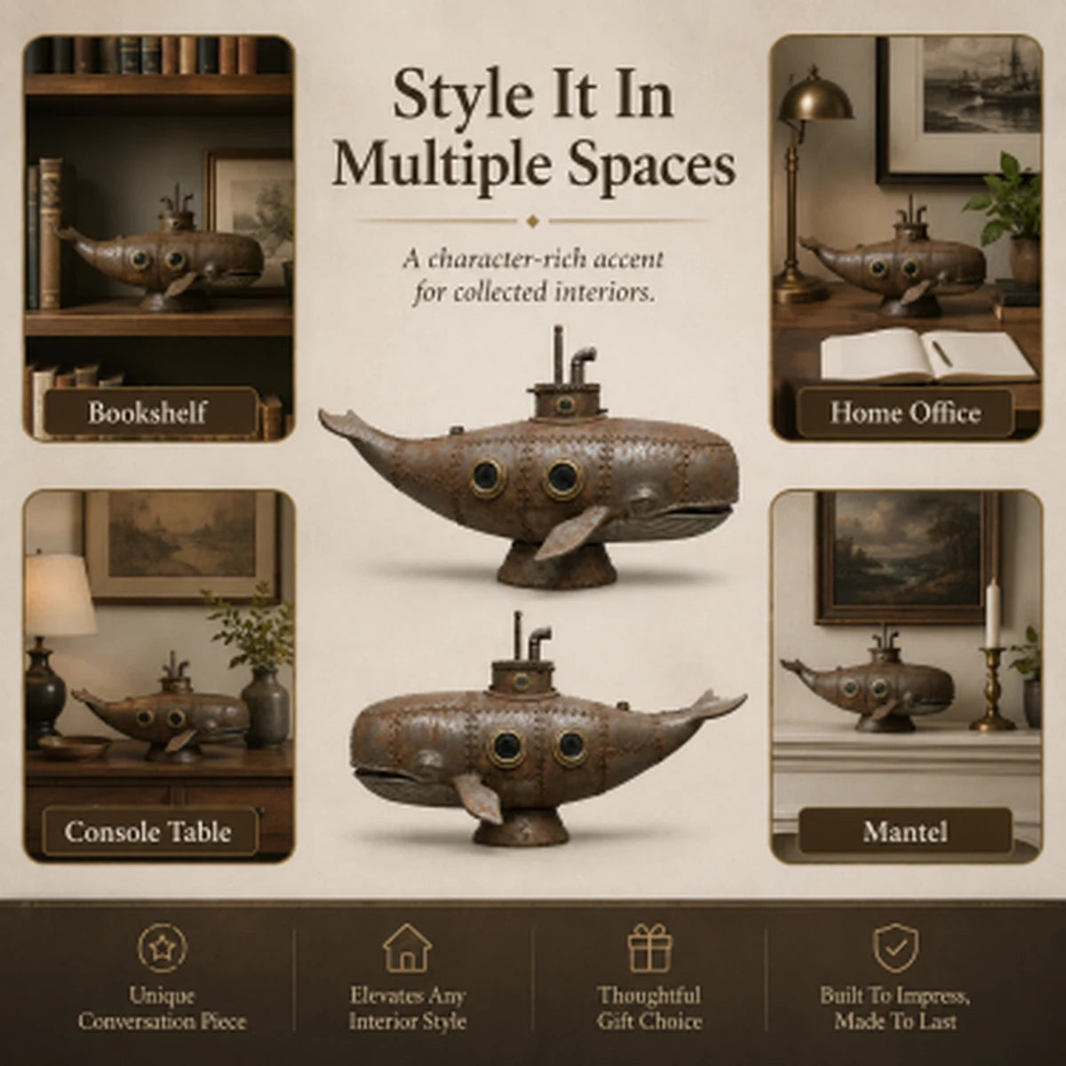 Style the whale sculpture in multiple spaces