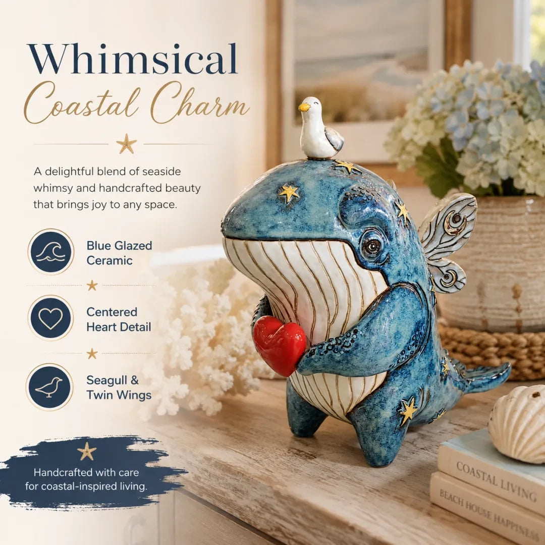 Whimsical whale sculpture with blue finish, heart and bird detail