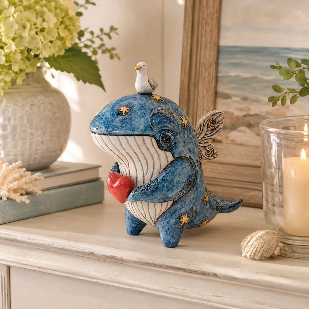 Whale sculpture on a coastal console table