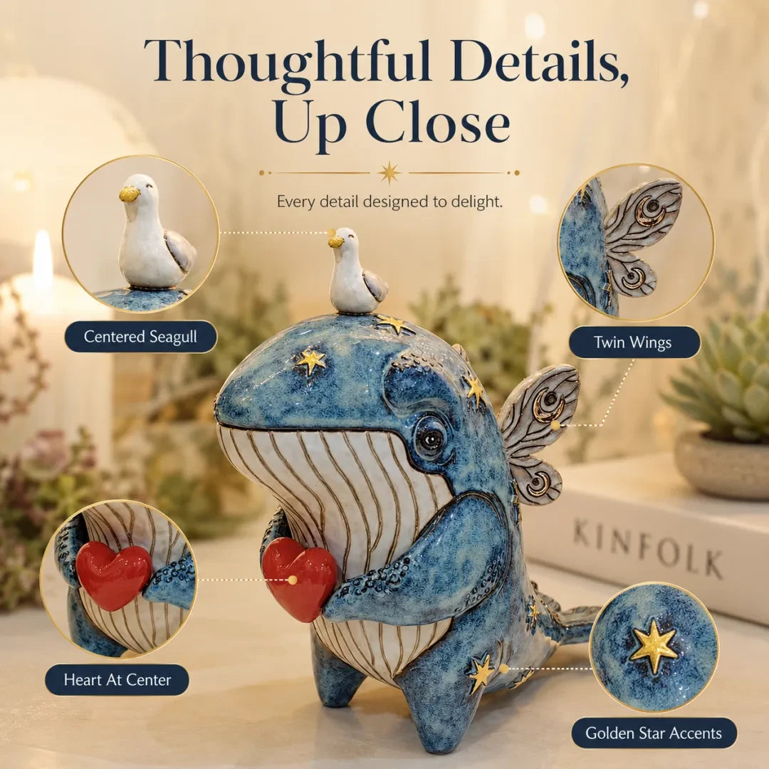 Close-up details of whimsical blue whale sculpture