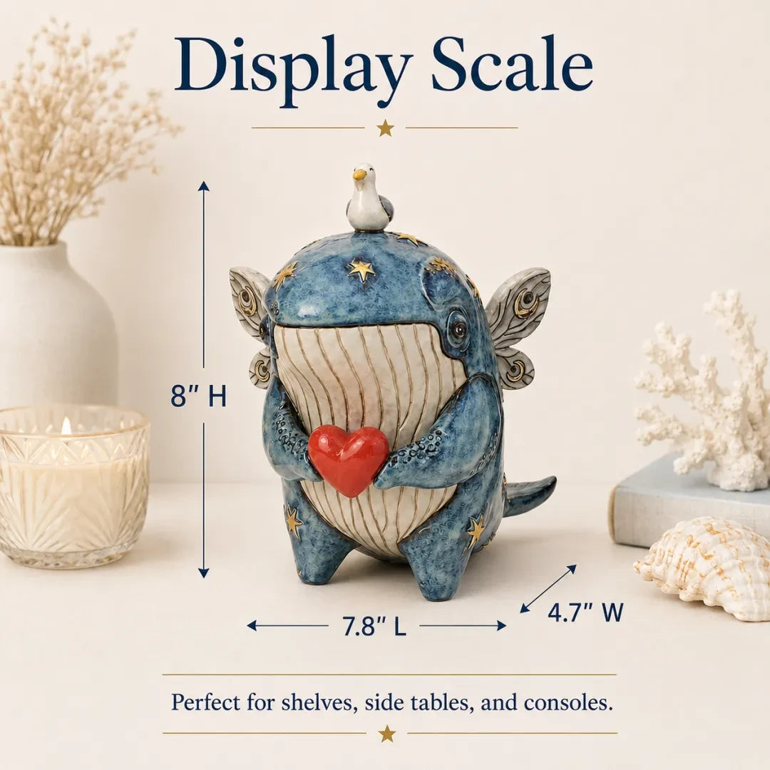 Size guide for whimsical coastal whale sculpture