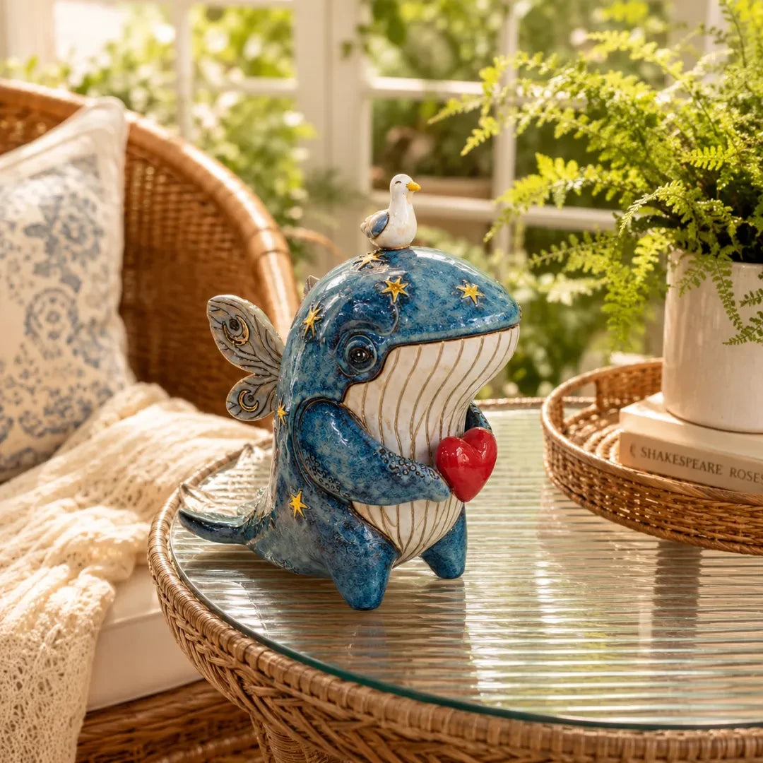 Whale sculpture in a bright warm living space