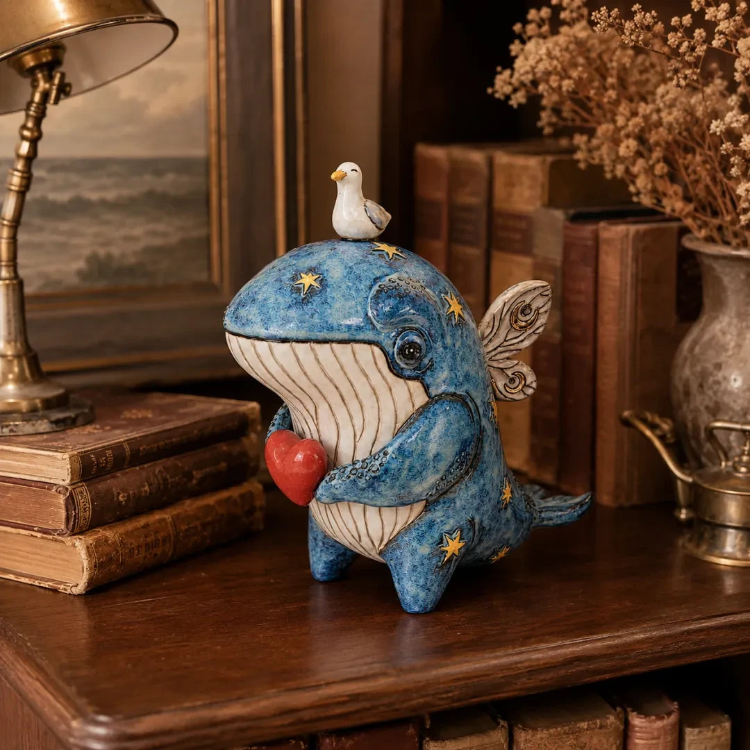 Whale sculpture displayed with vintage books and lamp