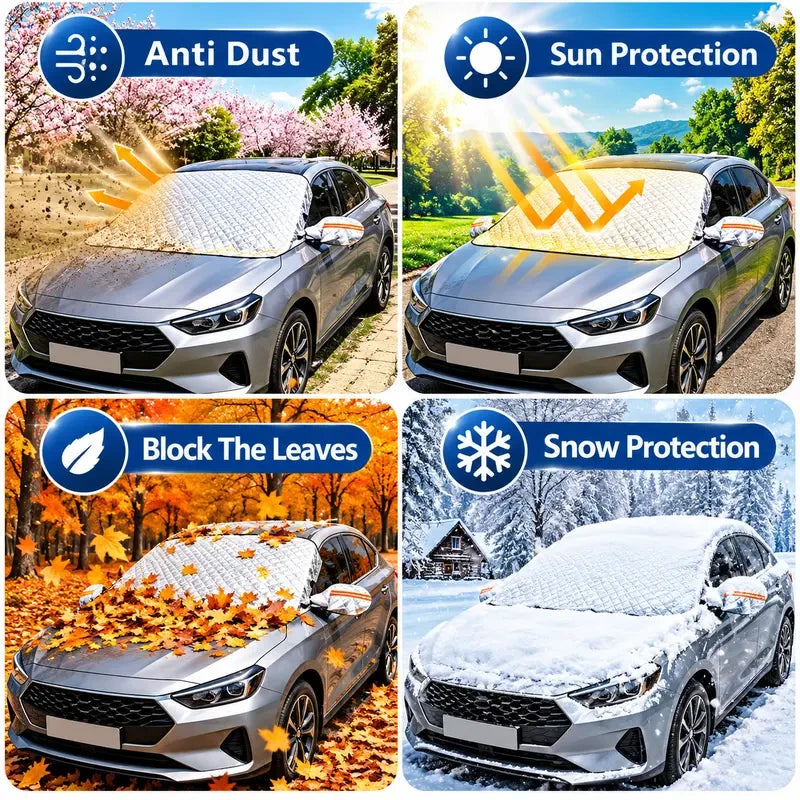 Windshield cover shown in spring summer fall and winter conditions