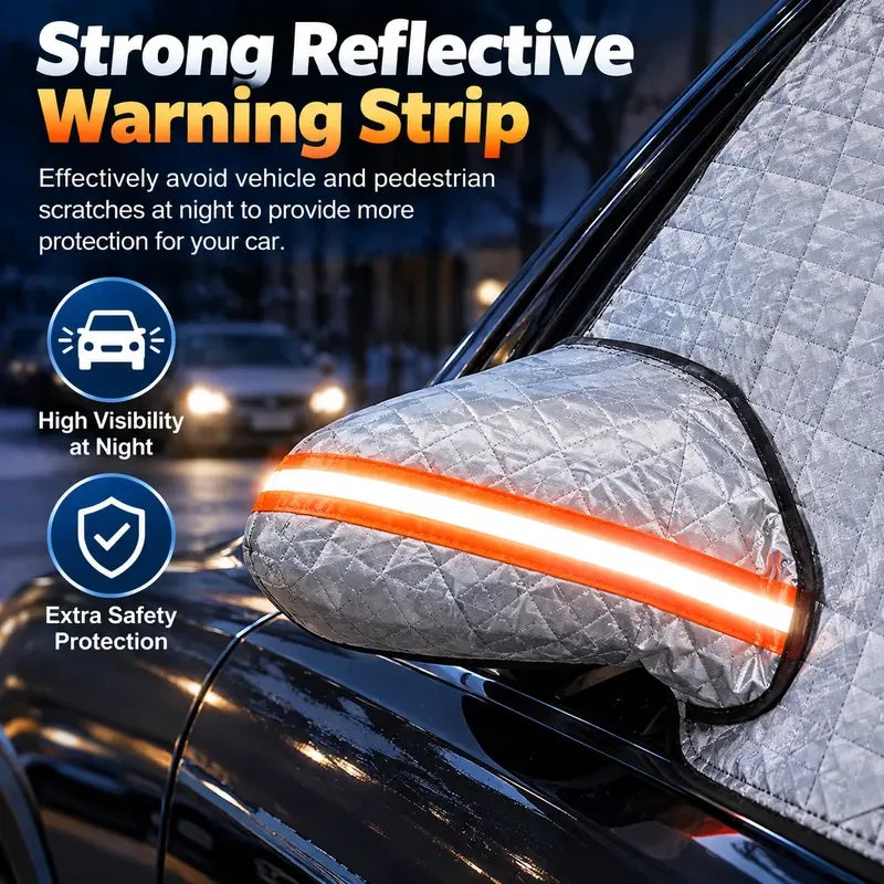 Reflective warning strip on side mirror cover at night