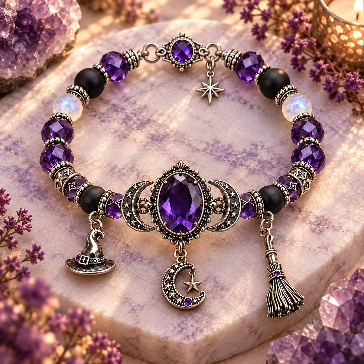 Purple crystal triple moon charm bracelet displayed on pale lavender stone