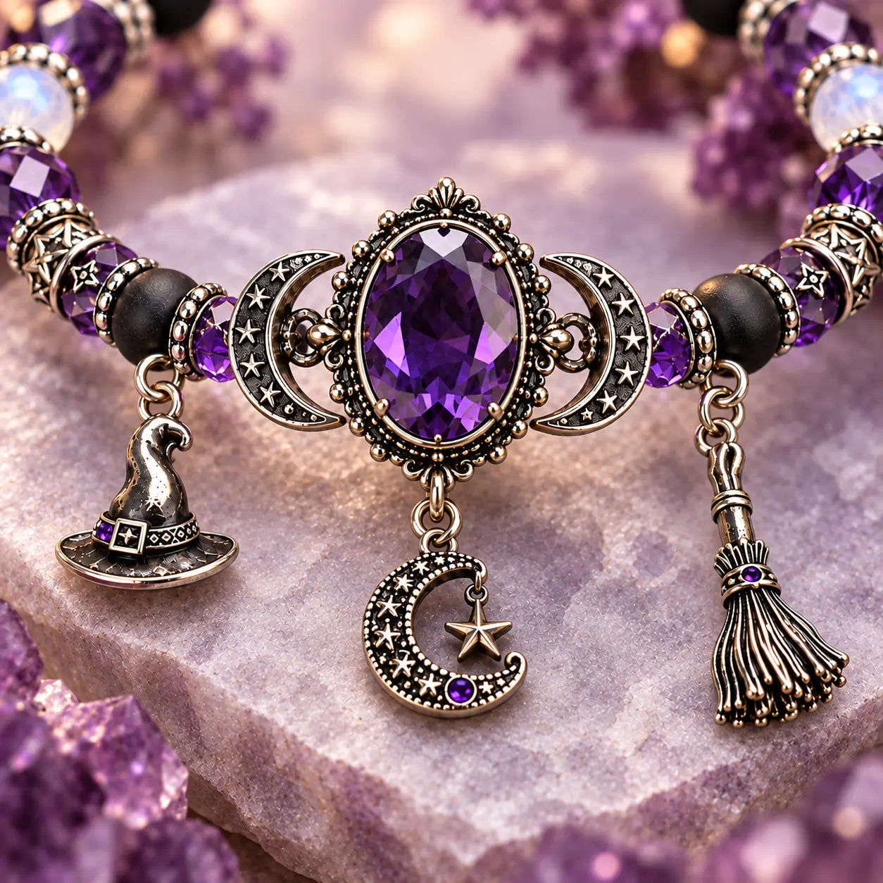 Close view of the purple stone triple moon centerpiece and three antique silver charms