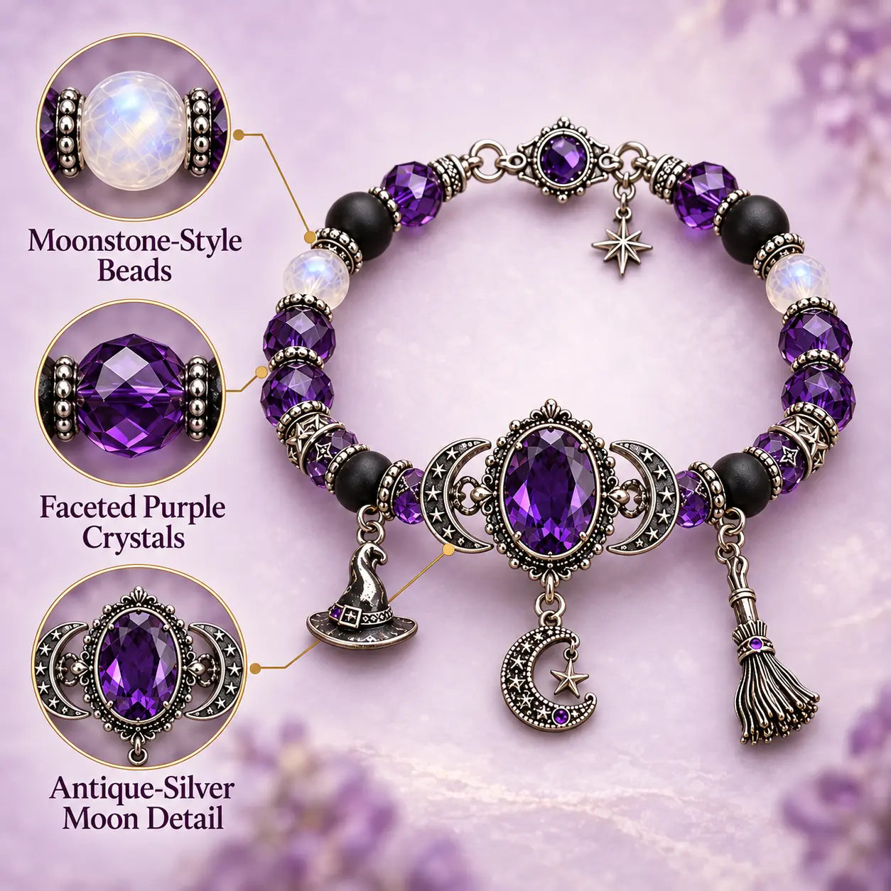 Bracelet detail guide showing moonstone-style beads, purple crystals, and antique-silver moon detail