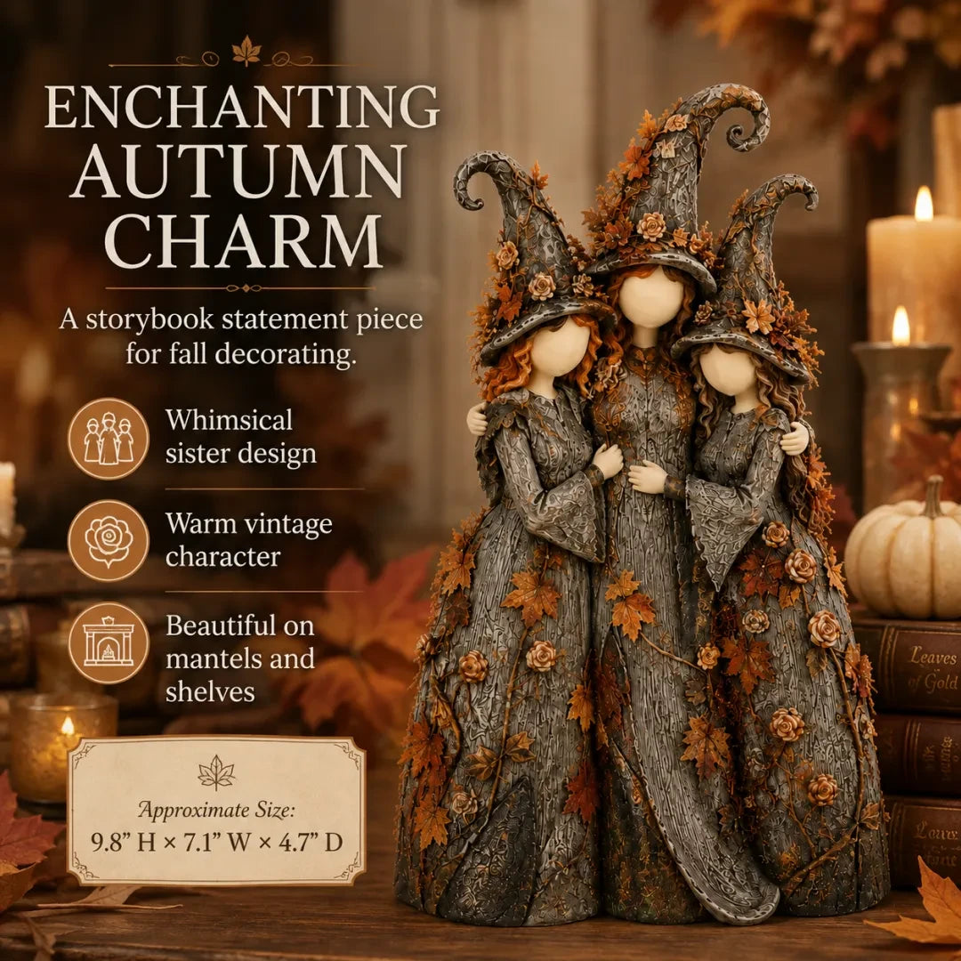Vintage autumn witch sisters sculpture with warm seasonal details