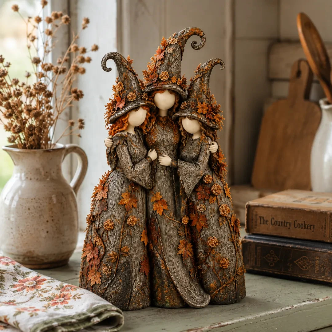 Vintage witch sisters sculpture in a cozy farmhouse interior