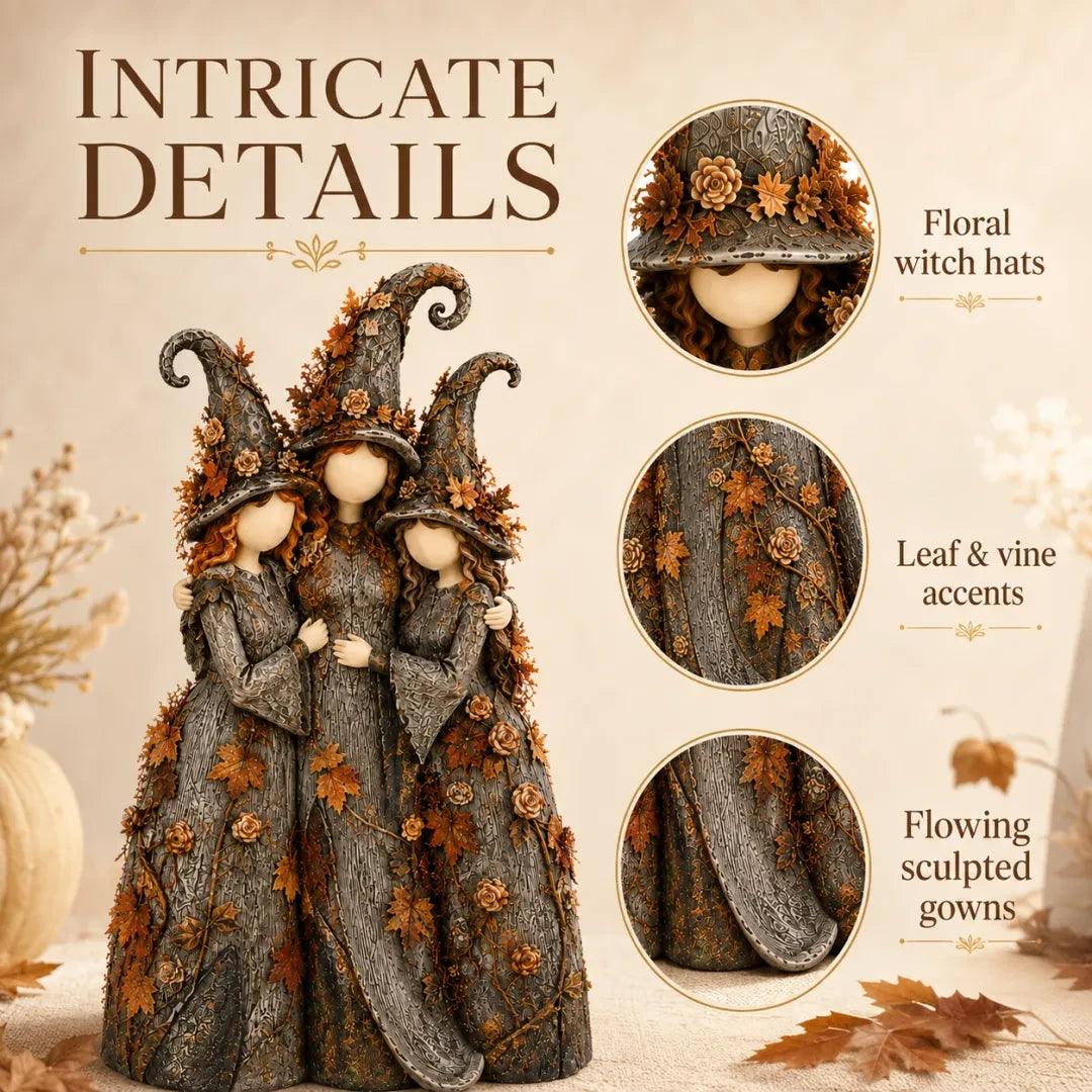 Close-up details of vintage autumn witch sisters sculpture