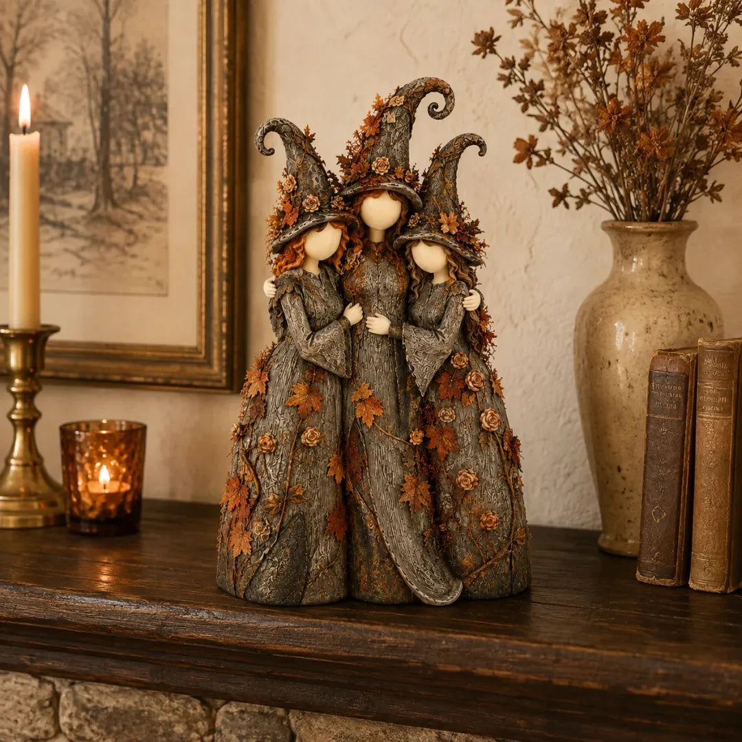 Vintage witch sisters sculpture displayed on a mantel