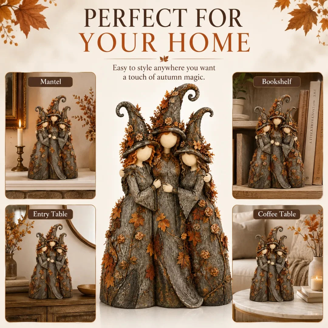 Placement ideas for vintage autumn witch sisters sculpture