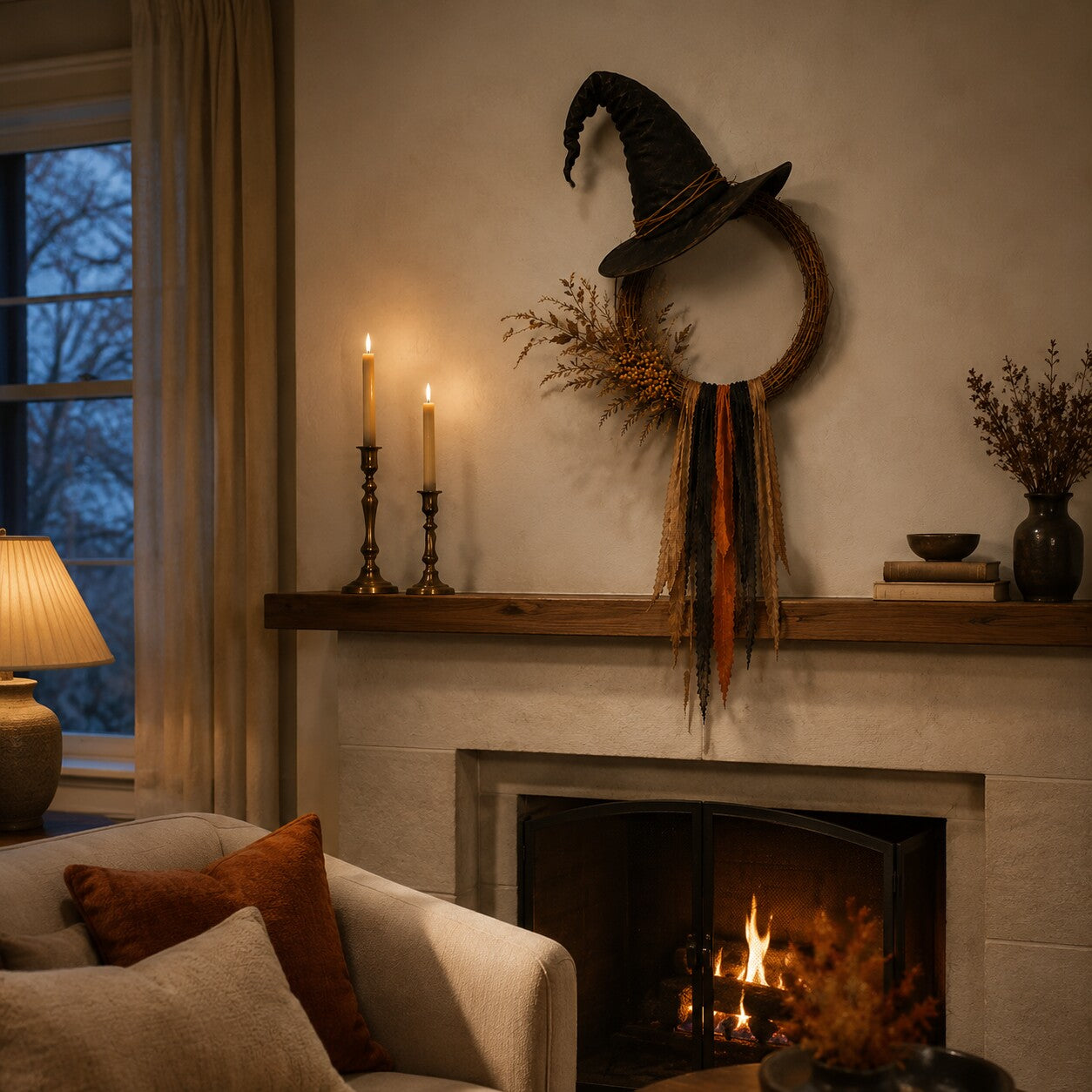 Customer display of the witch hat wreath over a warm fireplace
