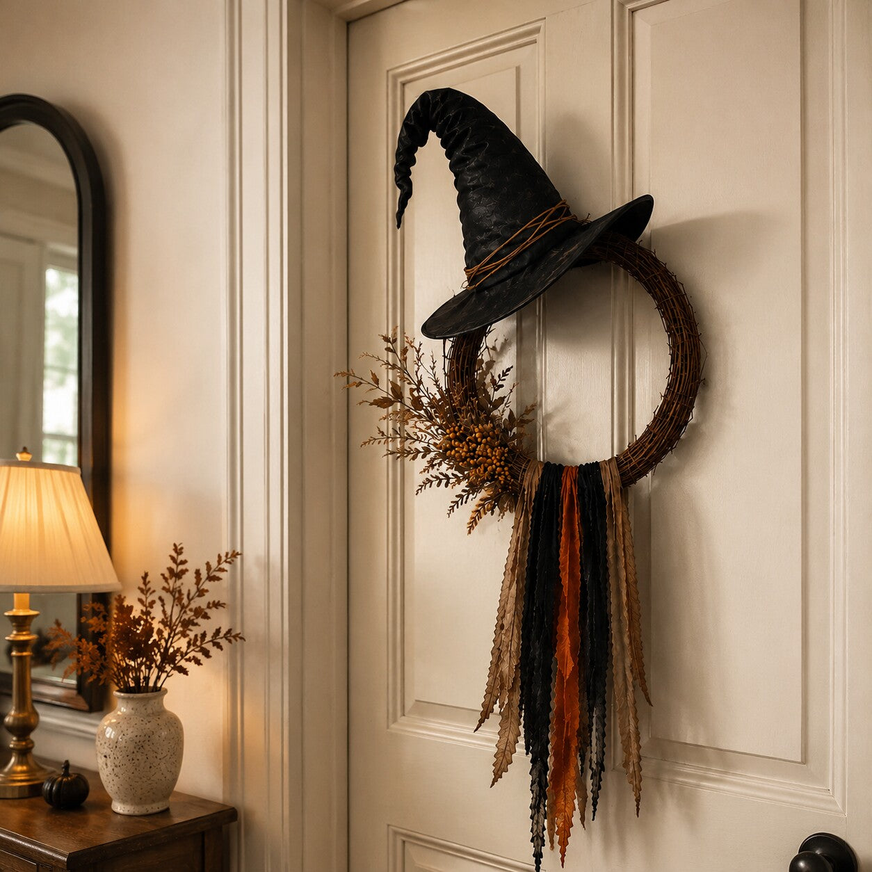 Vintage witch hat wreath displayed on a customer entry door
