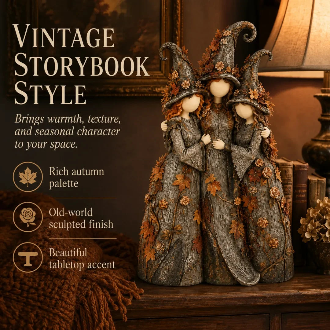 Vintage storybook style witch sisters sculpture in a warm interior