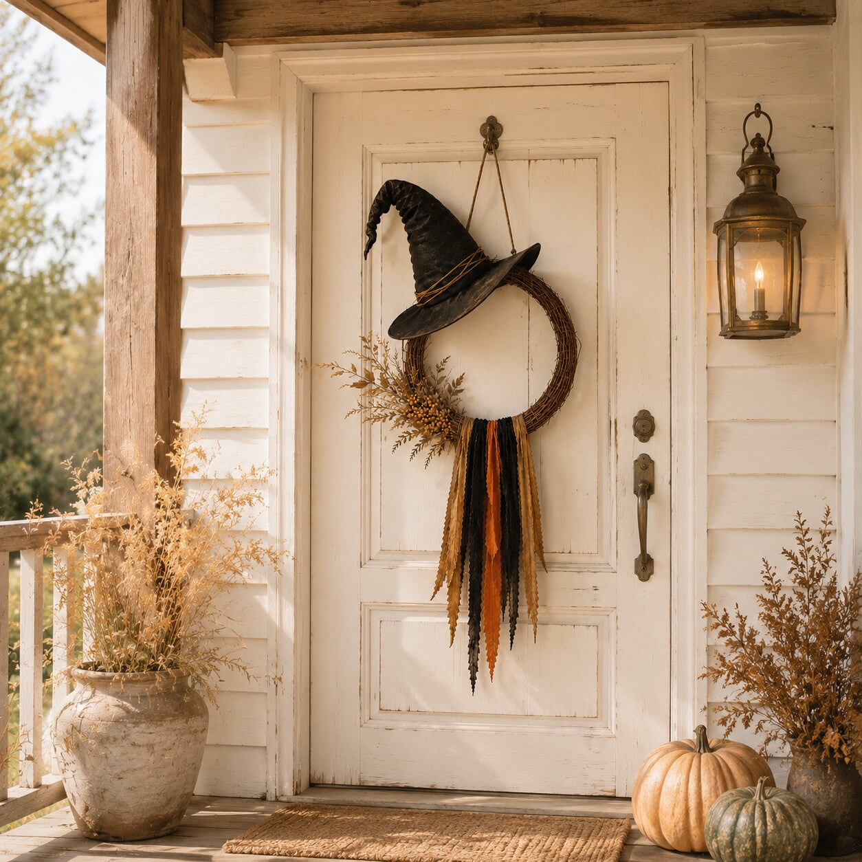 Vintage witch hat woven wreath on a bright covered farmhouse porch
